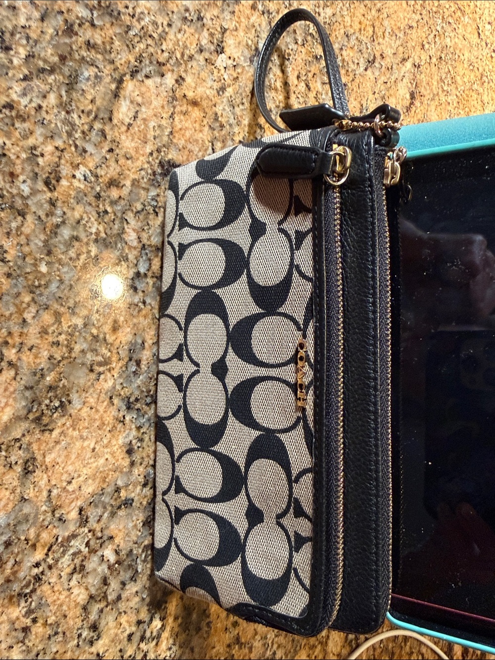 Coach Black and Cream Signature Canvas Wristlet